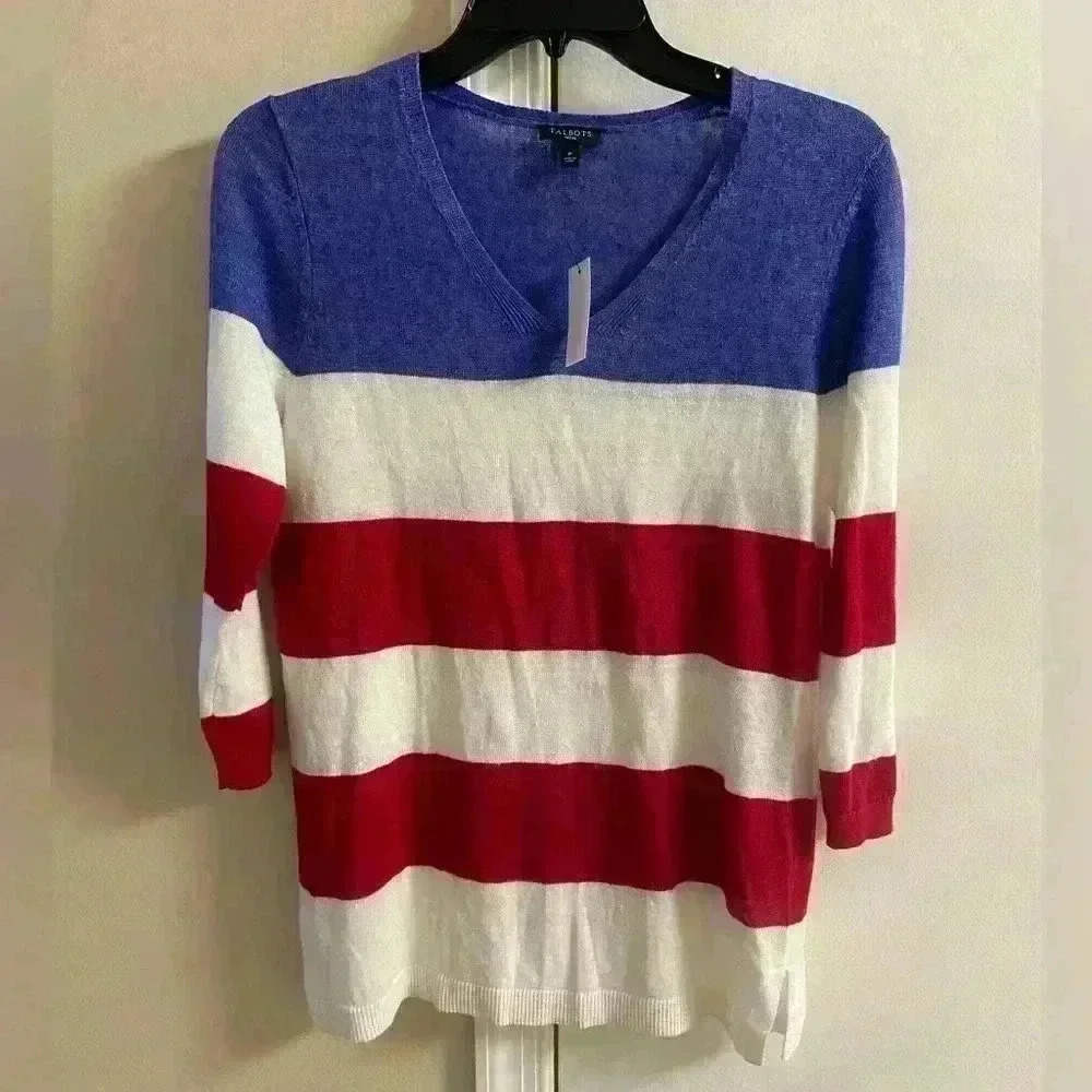 Talbots sweater v neck pullover 3/4 sleeves 100% linen petite NWT